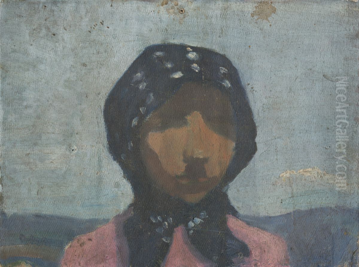 Study of a Peasant in a Black Spotted Scarf Oil Painting by Frida Konstantin
