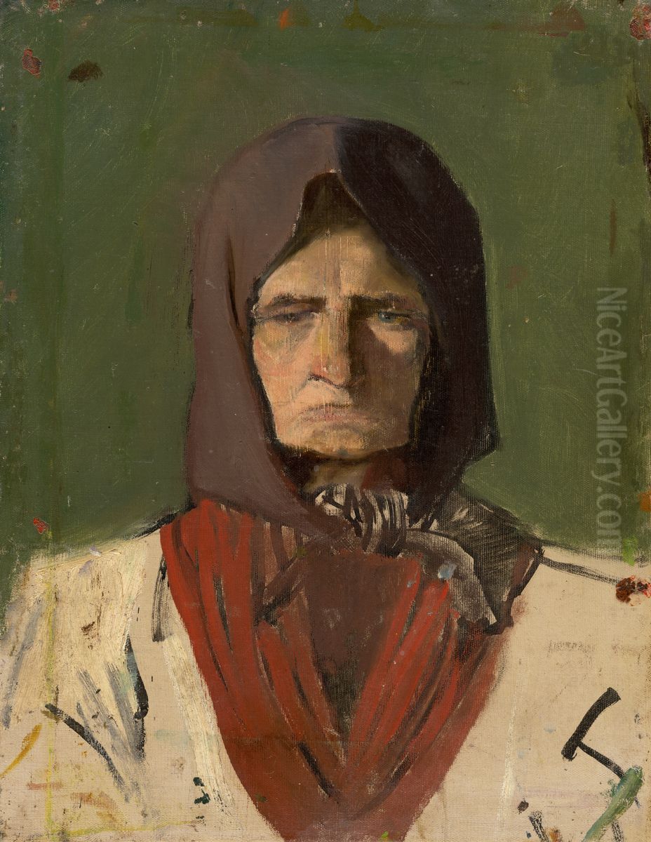 Head of a Villager in a Dark Scarf Oil Painting by Laszlo Mednyanszky