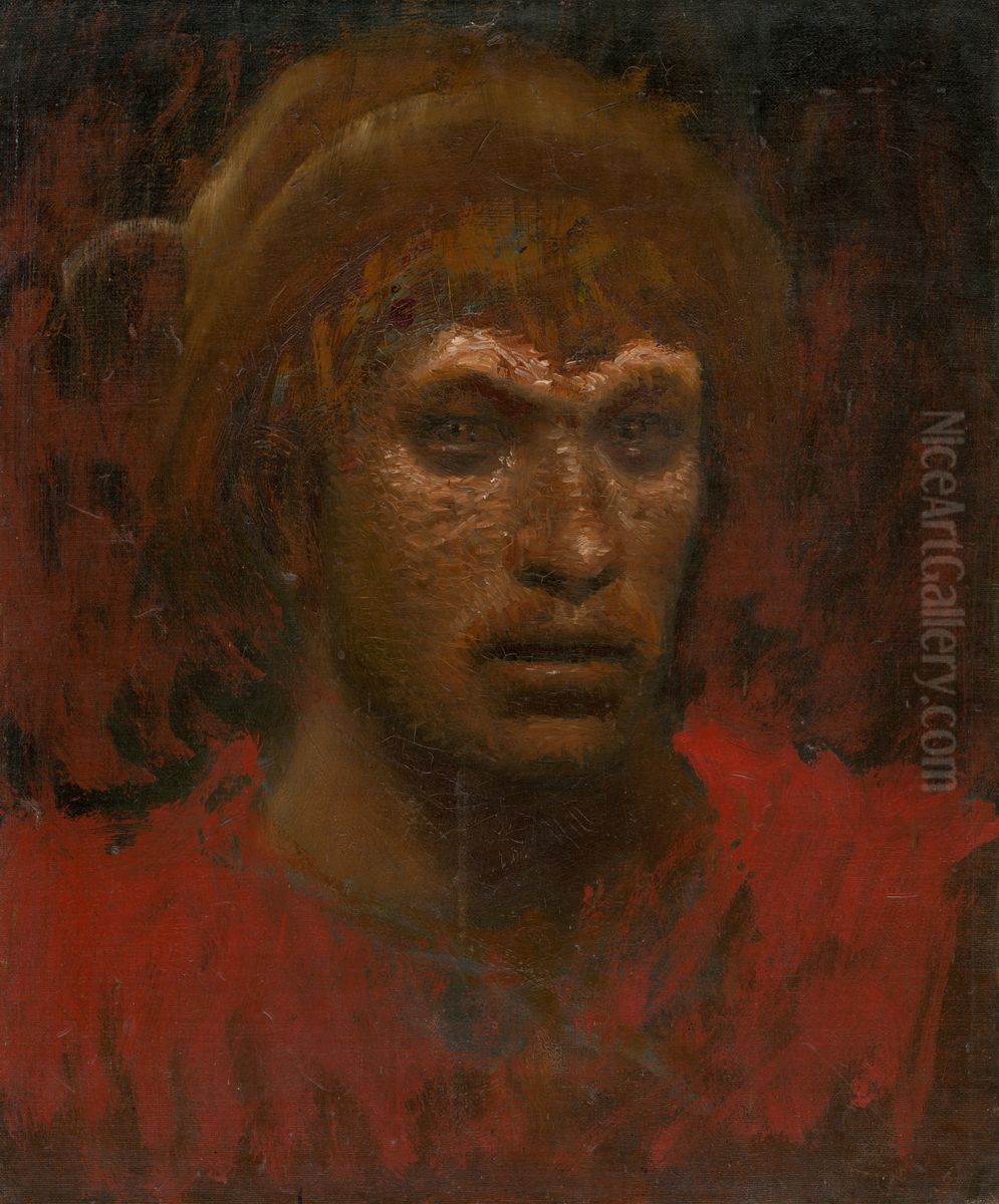Man in Red Shirt and Hat with Feather Oil Painting by Laszlo Mednyanszky