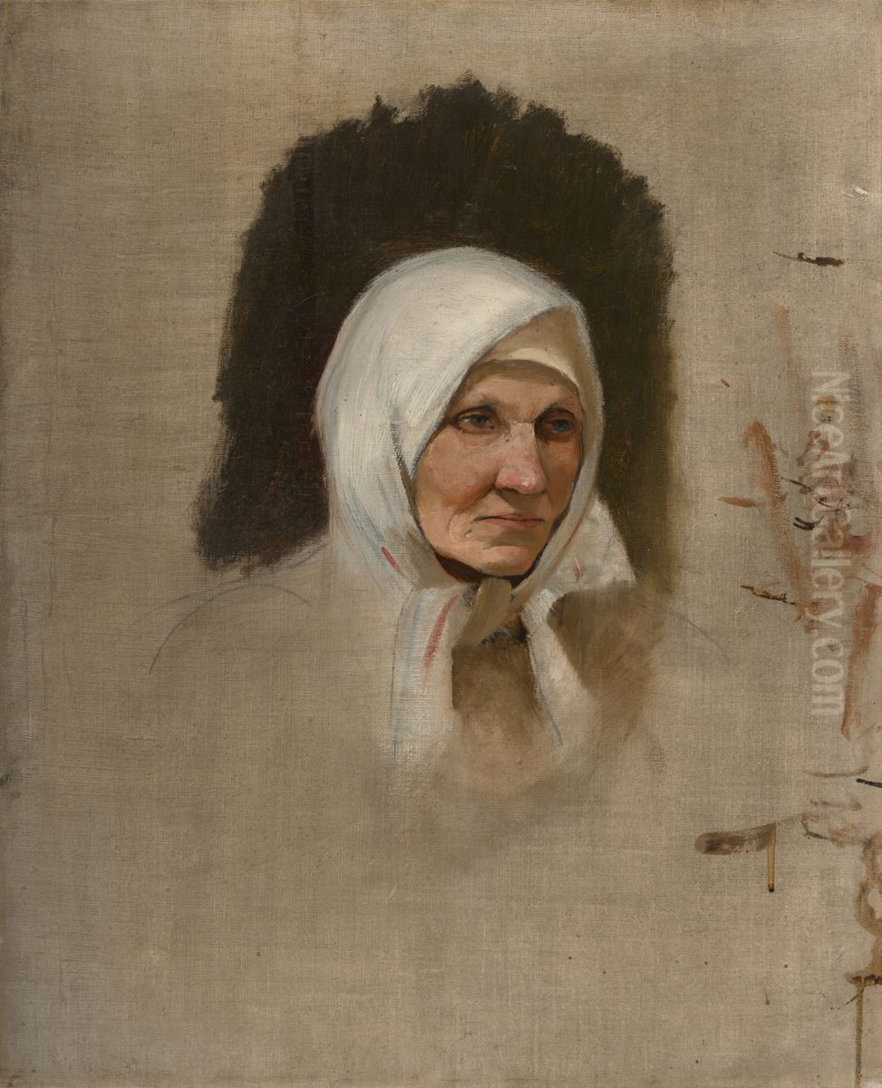 Village Woman in a White Scarf Oil Painting by Laszlo Mednyanszky