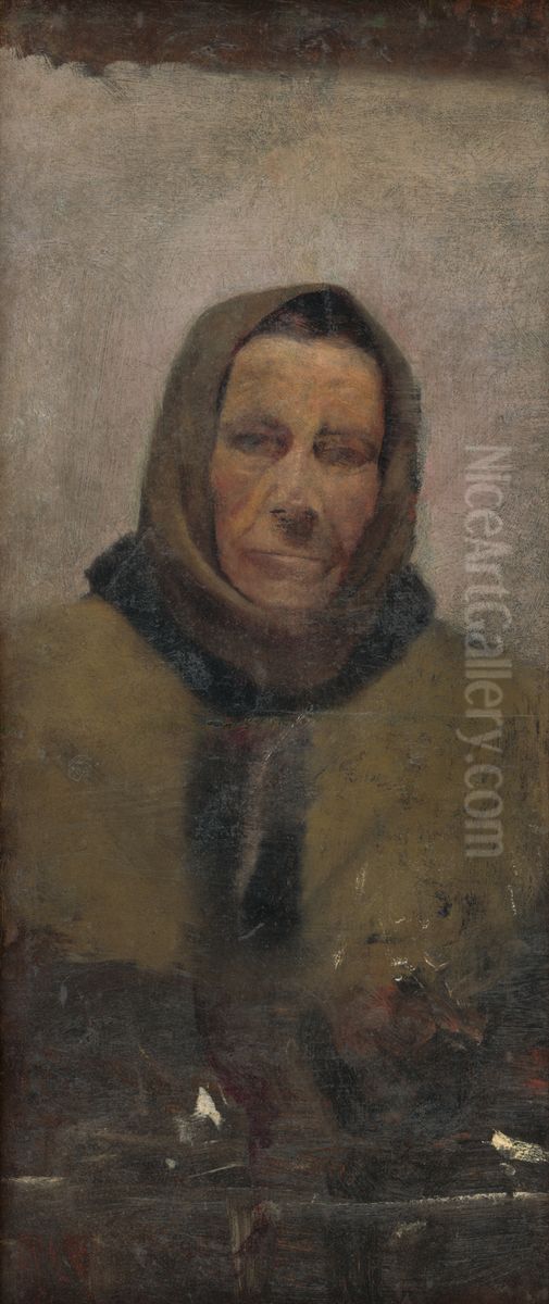 Portrait of an Old Woman in a Fur Coat Oil Painting by Laszlo Mednyanszky
