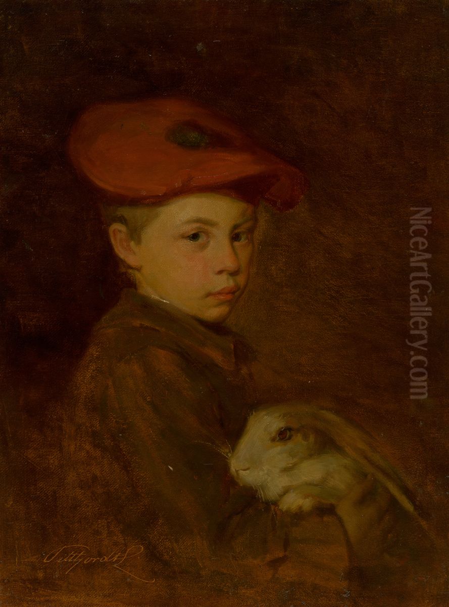 Boy with a Bunny Oil Painting by Ludovit Pitthordt