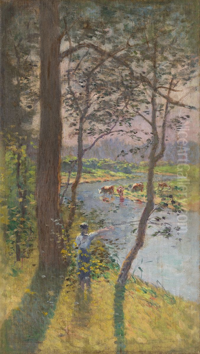 Krajina s riekou a napajajucim sa dobytkom Oil Painting by Nandor Katona