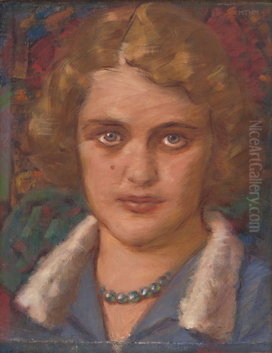 Podobizen dievcata s koralmi Oil Painting by Milan Thomka Mitrovsky