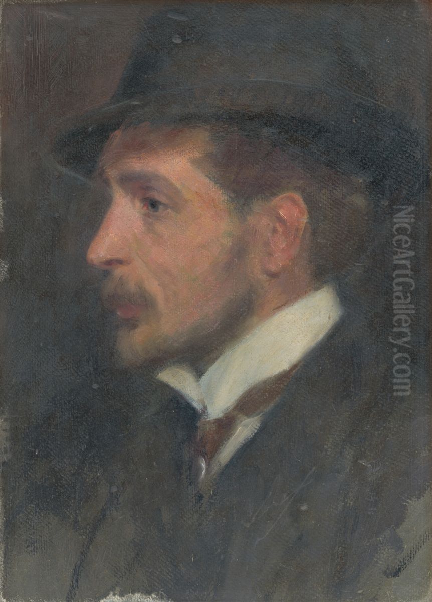 Autoportret ? z profilu v klobuku Oil Painting by Milan Thomka Mitrovsky