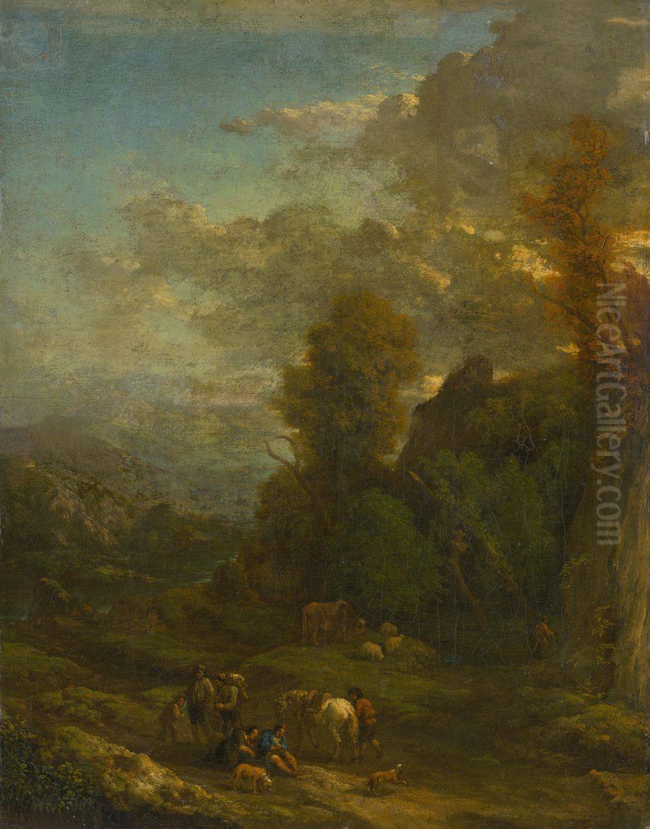 Evening Landscape with Travellers Oil Painting by Cornelis Huysmans