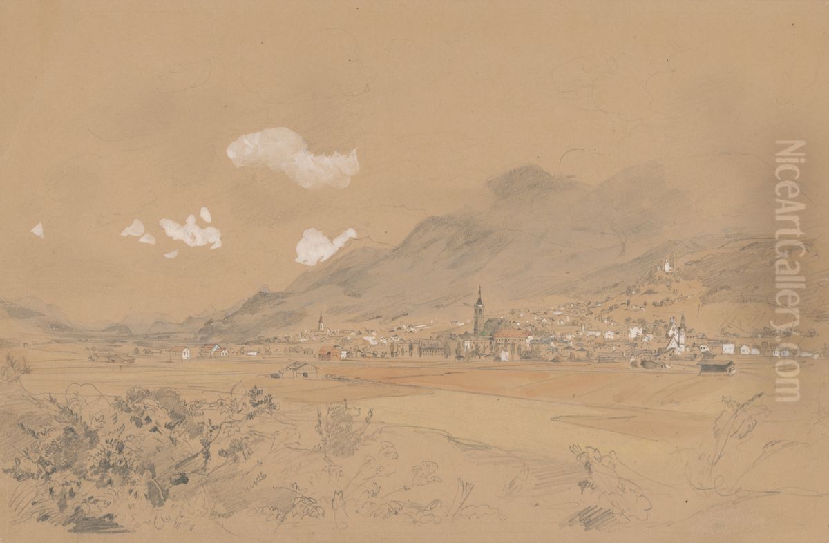 View of a Village below the Mountains Oil Painting by Jan Nowopacky