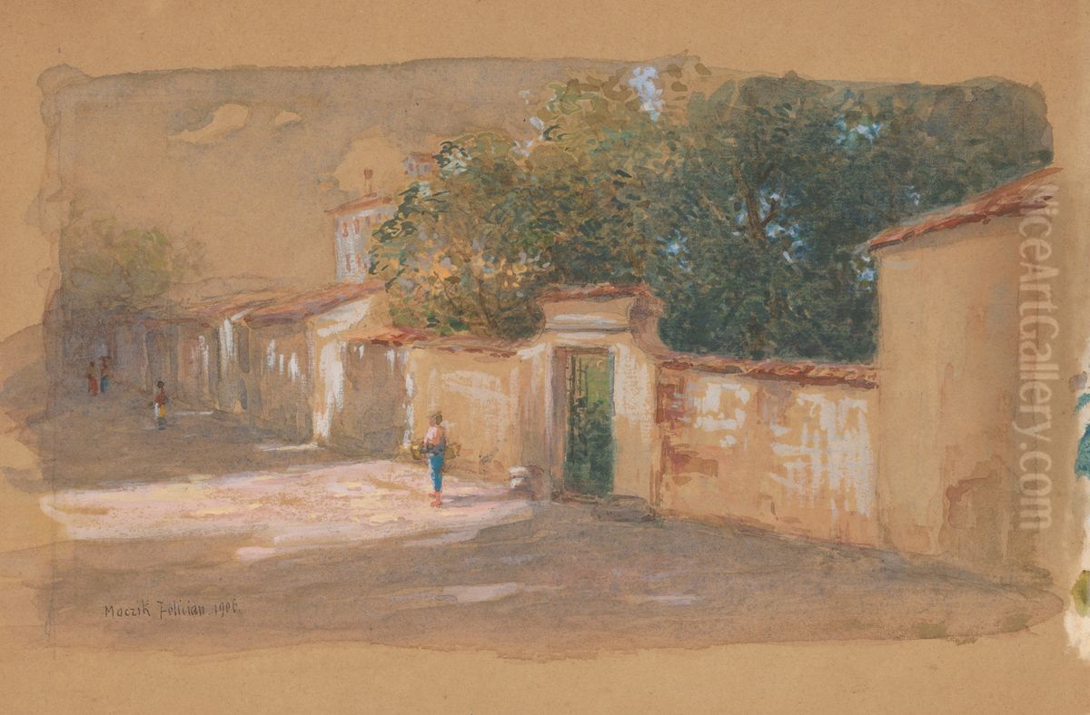 Street Oil Painting by Felician Moczik