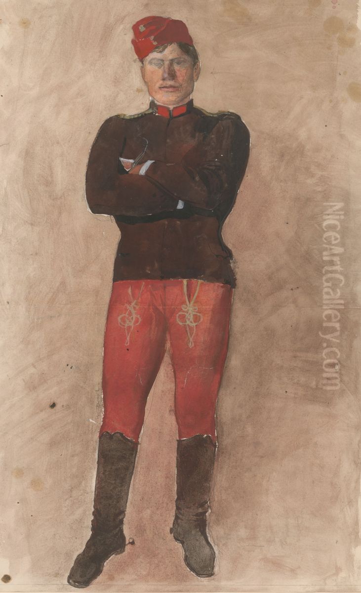 Stojaci vojak s prelozenymi rukami Oil Painting by Laszlo Mednyanszky