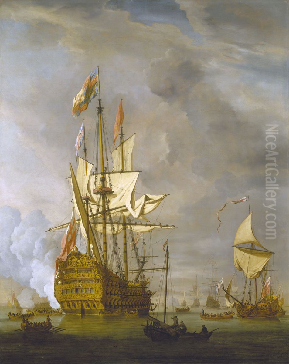 Le HMSRoyal Sovereign, vaisseau de 100 canons lance en 1701, saluant le yacht royal. Oil Painting by Willem van de Velde the Younger