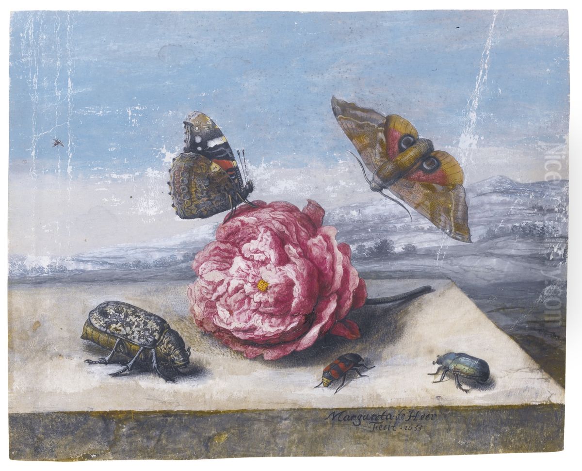 Butterflies and beetles around a rose on a stone ledge Oil Painting by Margareta de Heer