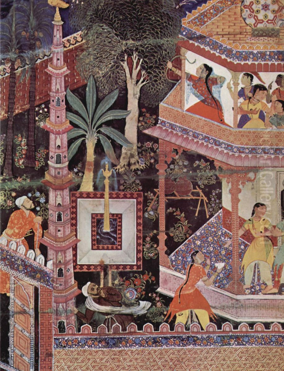 Hamza-Nama-Handschrift, Szene: Mihrdukht schiesst ihren Pfeil durch einen Ring Oil Painting by Basawan
