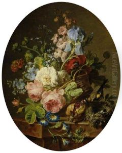 Open wicker basket of mixed flowers, including iris, roses, poppies, hollyhock, marigold, larkspur and convolvulus on a marble ledge with an open pomegranate and a goldfinch with its nest