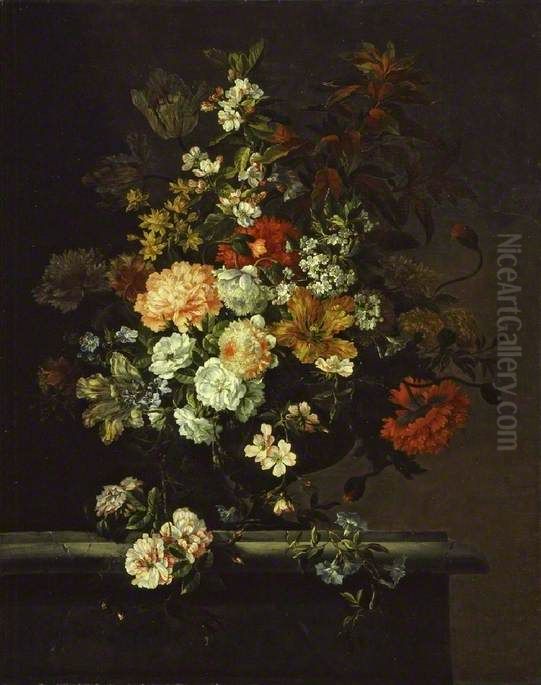 Still Life of Mixed Flowers in a Vase on a Ledge Oil Painting by Jean-Baptiste Monnoyer
