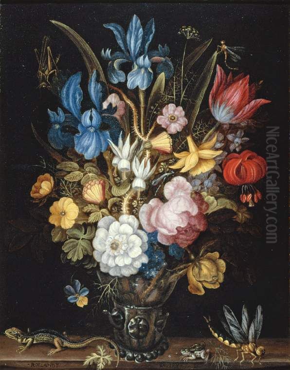 Still Life with Flowers in a Glass Berkemeyer with a Lizard, Frog and Dragonfly on a Ledge Oil Painting by Roelant Savery