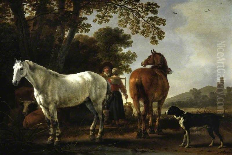 Landscape with figures and horses Oil Painting by Abraham Van Calraet