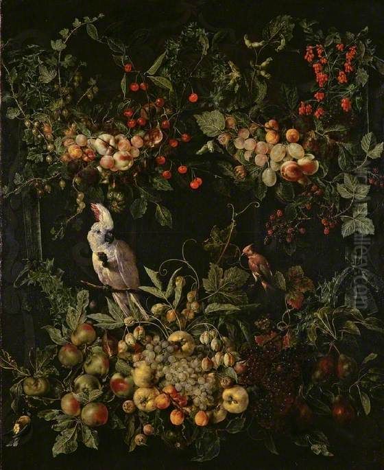 Swags of fruit and flowers surrounding a cartouche with a sulphur-crested cockatoo Oil Painting by Jan van Kessel the Elder