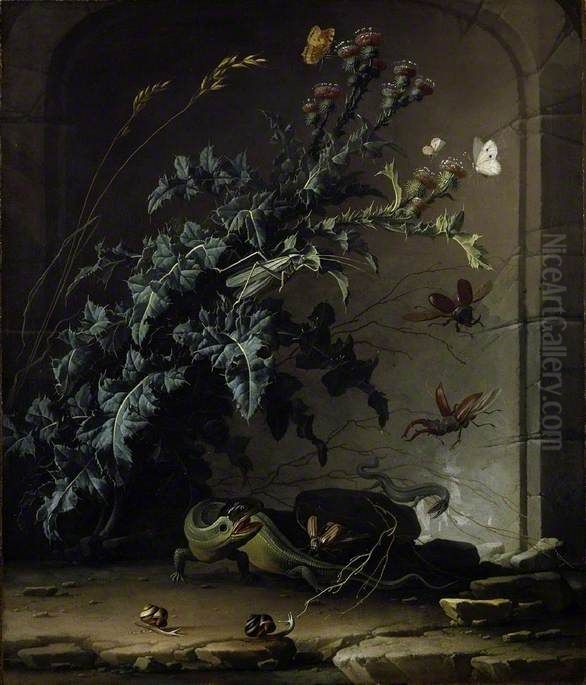 Stone niche with thistle, lizard and insects Oil Painting by Elias van den Broeck