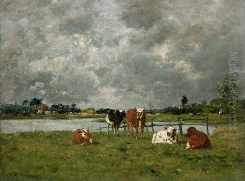Cows in a Field under a Stormy Sky Oil Painting by Eugene Louis Boudin
