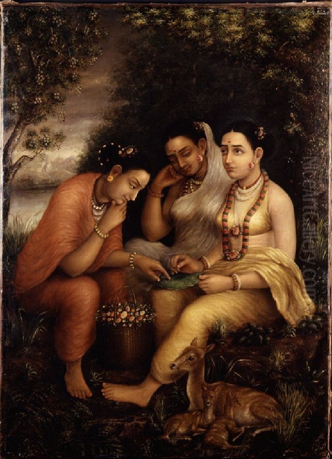 Shakuntala writing a love letter on a lotus leaf Oil Painting by Raja Ravi Varma