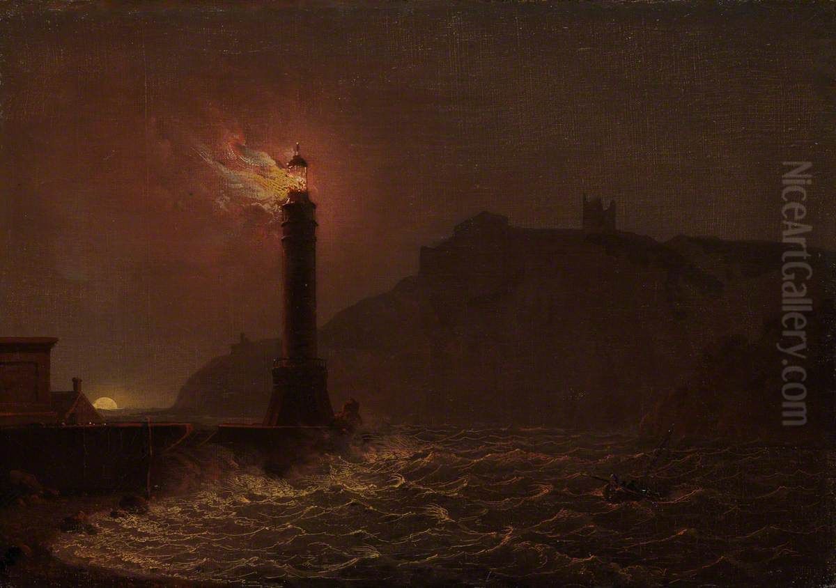 A Lighthouse on Fire at Night Oil Painting by Joseph Wright of Derby