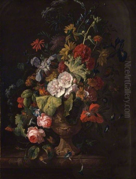 Een boeket met Stokroos, Rozen, Lissen, Dagschone en andere bloemen in een versierde vaas op een marmeren blad in een nis Oil Painting by Justus van Huysum