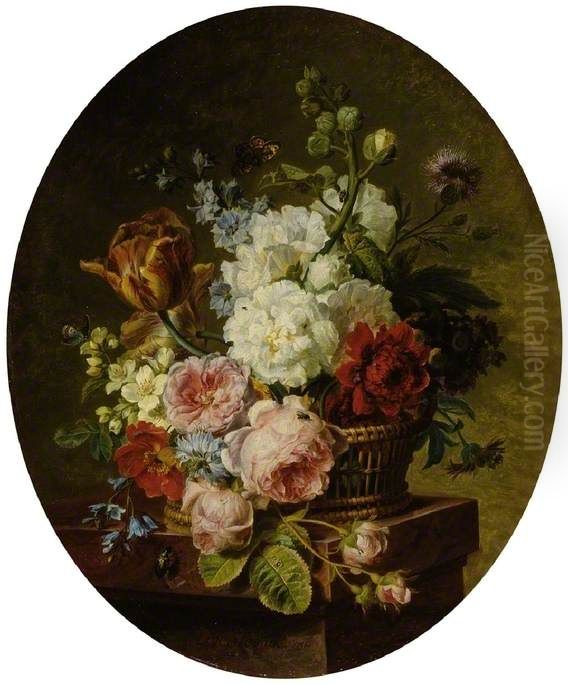 Open wicker basket of mixed flowers, including tulip, roses, harebell, hollyhock, poppy, larkspur and auricula on a marble ledge Oil Painting by Cornelis van Spaendonck