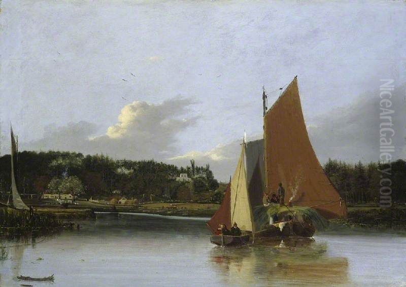 Boats on the Yare near Bramerton, Norfolk Oil Painting by Joseph Stannard