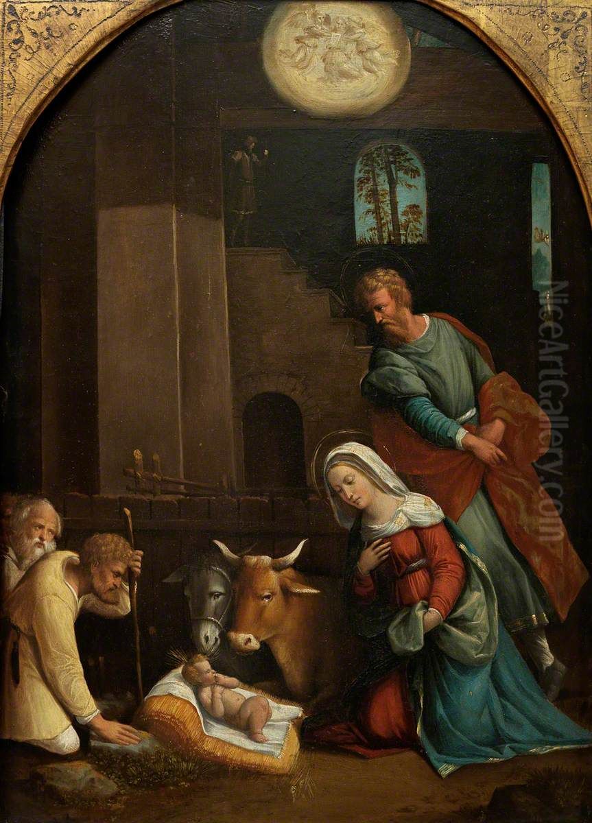 The Adoration of the Shepherd, with the Annunciation to the Shepherds beyond Oil Painting by Benvenuto Tisi