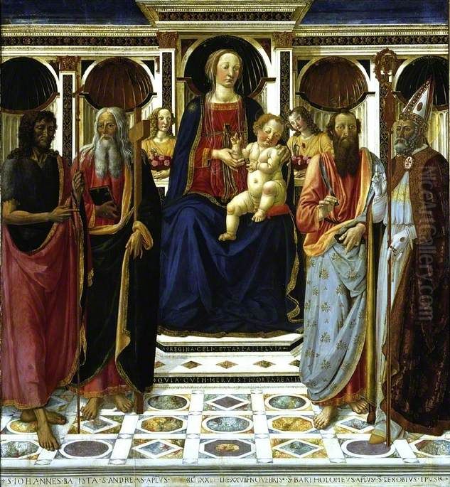 Virgin and Child with Saint John the Baptist, Saint Andrew, Saint Bartholomew and Saint Zenobius Oil Painting by Cosimo Rosselli