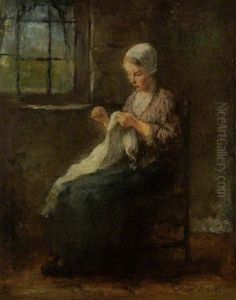 A Young Girl Sewing, Seated at a Window