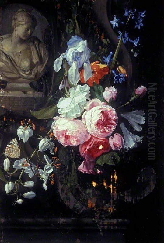 Festoon, with a stone buste of a goddess, possibly Flora, in the background Oil Painting by Jan Philip van Thielen