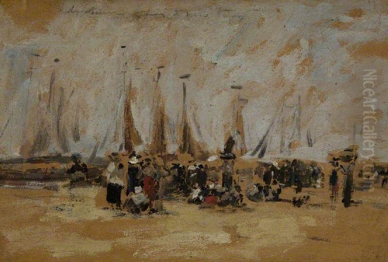 Beach Scene (possibly Harfleur) Oil Painting by Eugene Louis Boudin