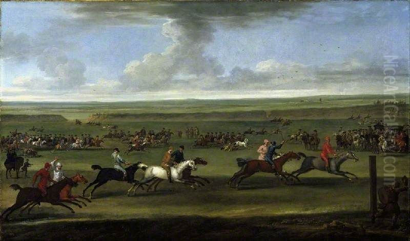 A Race on the Round Course at Newmarket Oil Painting by John Wootton