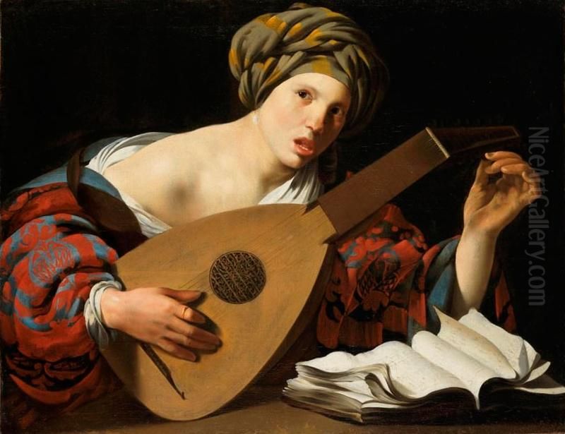 A Young Woman Tuning a Lute Oil Painting by Hendrick Ter Brugghen