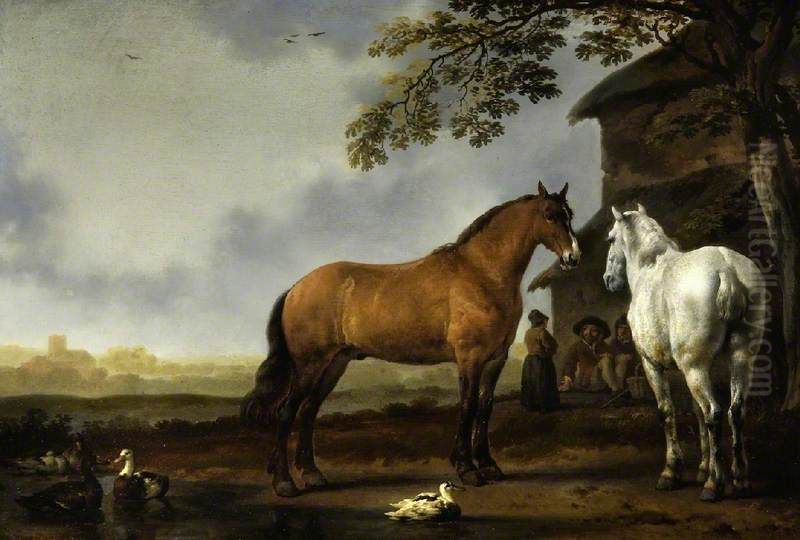 Landscape with Figures and Horses Oil Painting by Abraham Van Calraet