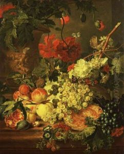 Stilleven met bloemen en vruchten op een stenen plint, op de achtergrond een terracotta vaas