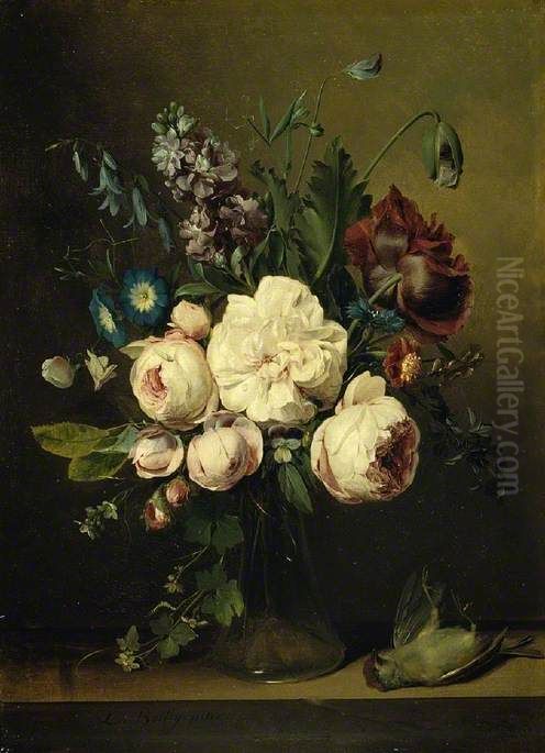 Vase with flowers and dead bird on a marble ledge Oil Painting by Louis-Leopold Boilly