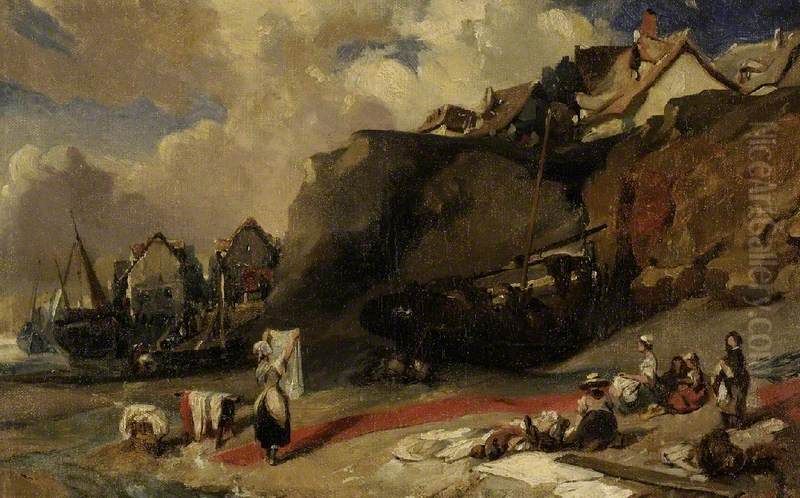 Washerwomen on the Shore Oil Painting by Eugene Isabey