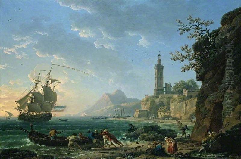A Coastal Mediterranean Landscape with a Dutch Merchantman in a Bay Oil Painting by Joseph Vernet