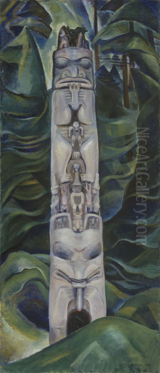 Totem and Forest Oil Painting by Emily M. Carr