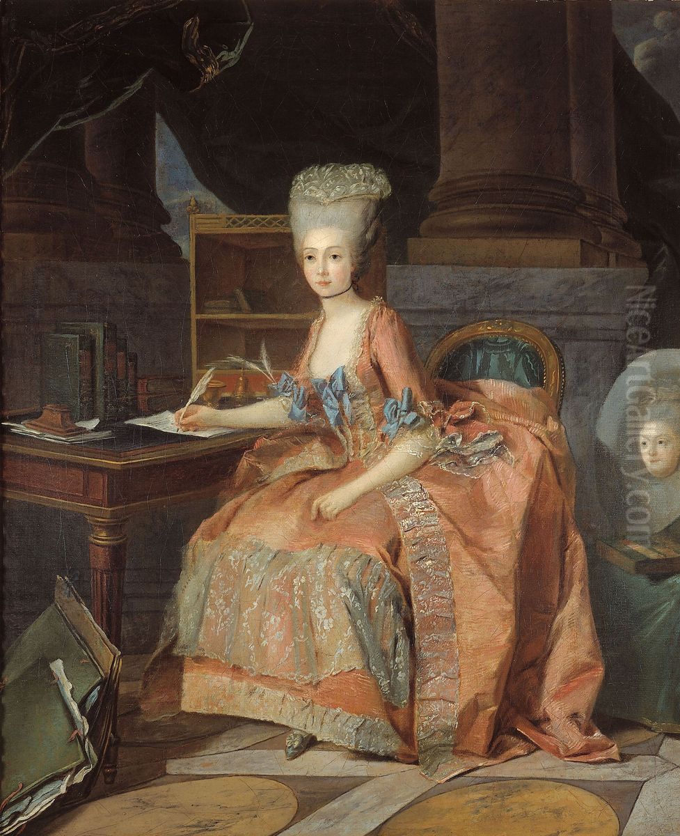 Maria Theresa of Savoy with a portrait of her sister in law Marie Clotilde of France to the right Oil Painting by Lie Louis Perin-Salbreux