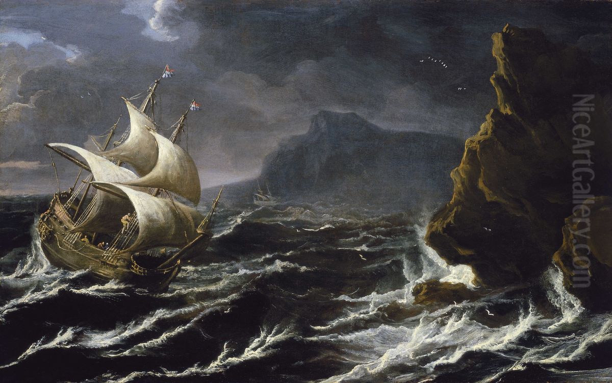 A Dutch Ship Running onto a Rocky Coast Oil Painting by Matthieu Van Plattenberg