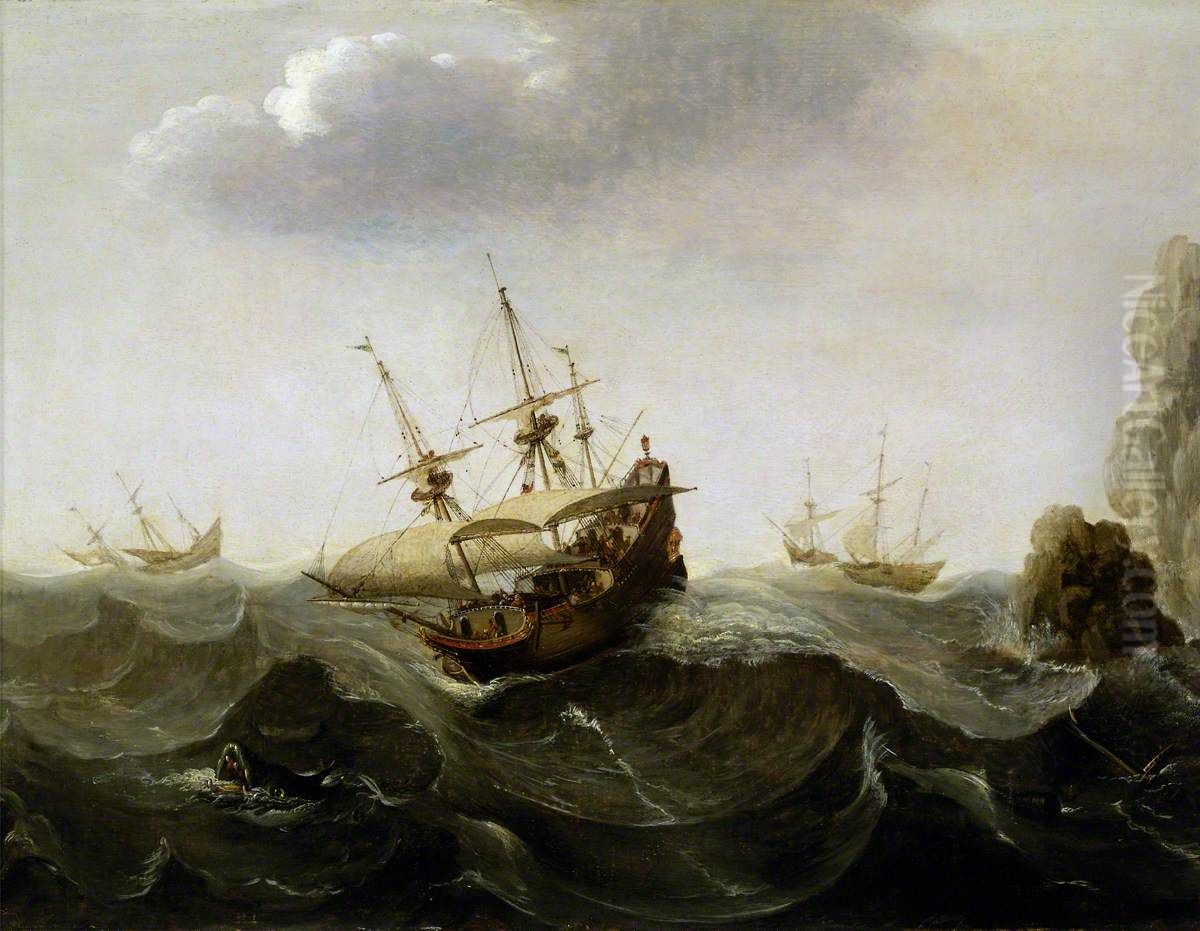 A Ship in a Rough Sea Oil Painting by Cornelis Verbeeck