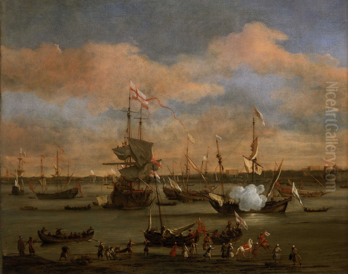 An English Merchant Ship in a Mediterranean Harbour in a Light Breeze with Many Other Vessels Oil Painting by Willem van de Velde the Younger