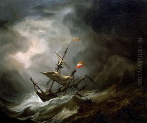 Een mediterraan Brigantine Drifting Onto een rotsachtige kust in een storm