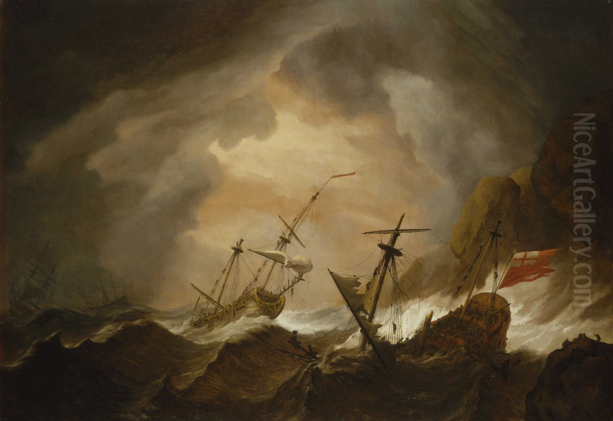 Two English Ships Wrecked in a Storm on a Rocky Coast Oil Painting by Willem van de Velde the Younger