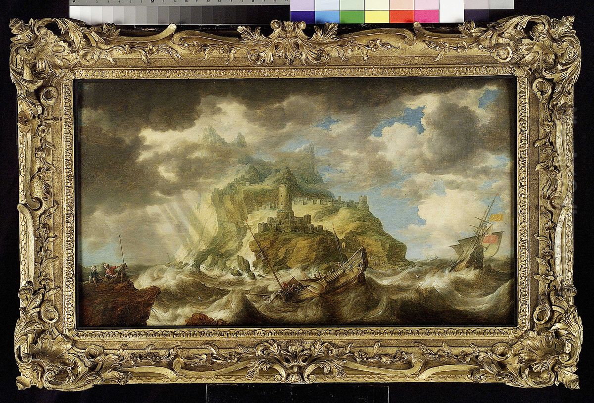 A Dismasted Ship in a Rough Sea Oil Painting by Bonaventura Peeters the Elder