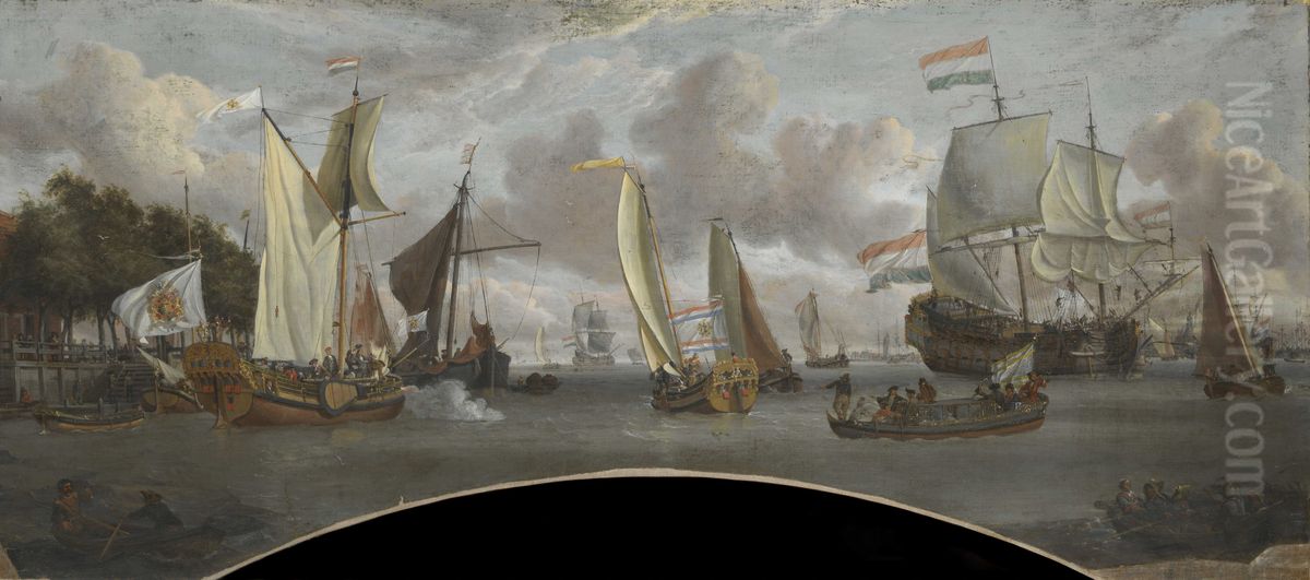 Ships on the River IJ in front of the Tollhouse near Amsterdam Oil Painting by Abraham Storck