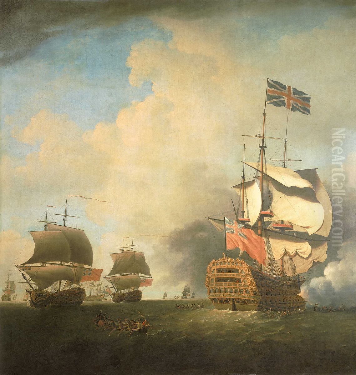 A First-Rate Shortening Sail Oil Painting by Samuel Scott